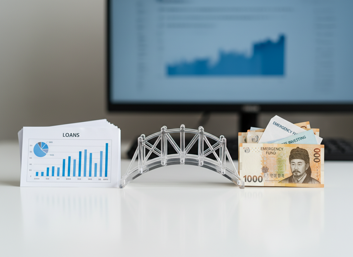 A close-up, photographic shot of a clear acrylic bridge spanning between two small stacks of neatly arranged Korean won banknotes on a tidy white desk, symbolizing the link between loans and savings. On one side, a compact row of organized loan documents with simple, uncluttered graphs; on the other, a neat stack of labeled envelopes for emergency fund, pension, and ETF investing. Soft, neutral daylight from above and slightly to the right creates subtle reflections on the acrylic bridge and smooth shadows under the paper stacks. The background shows an out-of-focus monitor with a calm, blue-tinted chart. Shot at a slightly low angle with the bridge centered using the rule of thirds, the mood is reassuring, clear, and professional, emphasizing how financial decisions can be connected simply.