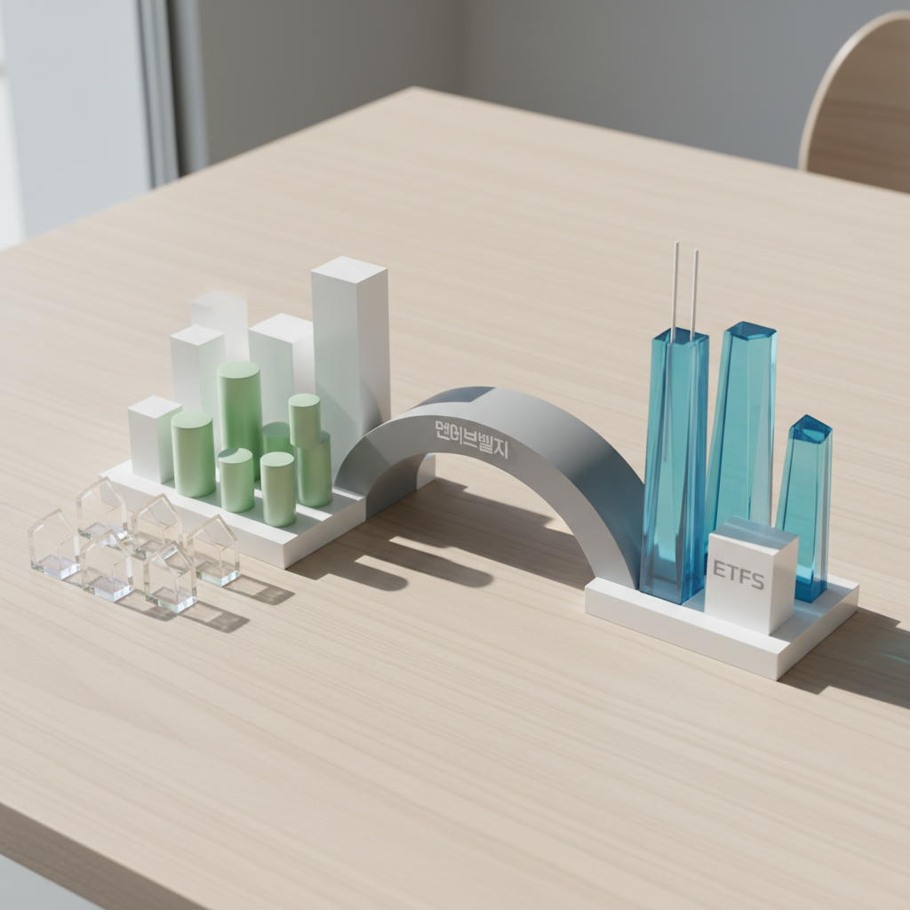 A high, wide photographic view of a stylized miniature cityscape of Seoul built from glossy white and soft pastel blocks, where different districts are represented by simple icons: a small transparent house for mortgages, a green cylinder for savings, blue glass towers for ETFs, and a solid gray bridge connecting all sections to symbolize 머니브릿지. The city sits on a smooth light-wood tabletop with a subtle grain. Cool daylight from an unseen window from the left creates crisp, clean shadows between the blocks and gentle highlights on edges. The mood is professional yet friendly, emphasizing structure without complexity. Captured from a slightly elevated angle with sharp focus throughout, minimalist composition, and photographic realism to convey how complex Korean financial topics can be simply connected and understood.