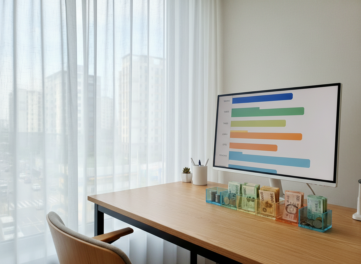 A well-organized home office corner in a Korean apartment, with a light oak desk and a large, ultra-clear monitor displaying a simple, colorful dashboard: separate panels show savings, taxes, loans, ETFs, and pensions as easy-to-read bar segments without text. Beside the monitor, five small, translucent containers in different calm colors hold neatly sorted Korean coins and folded bills, each aligning with a panel on the screen. Soft, diffused afternoon light enters from a side window with sheer curtains, creating a gentle, even illumination and minimal shadows. Photographic realism with a clean, slightly minimalist style, shot from a three-quarter angle that captures both the desk and a hint of the city outside. The mood is calm, focused, and approachable, showing financial topics as neatly categorized and easy to manage.